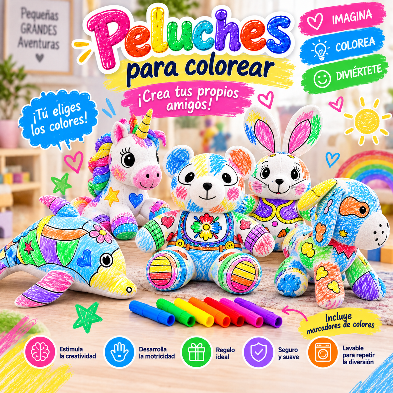 Peluche para Colorear Lavable + Marcadores